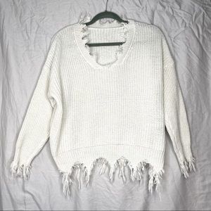 White Frayed Distressed V Neck Sweater